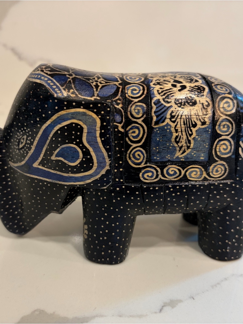 Vintage Blue Wooden Elephant Statue Hand Carved Batik Painted Tabletop Decor 4.5